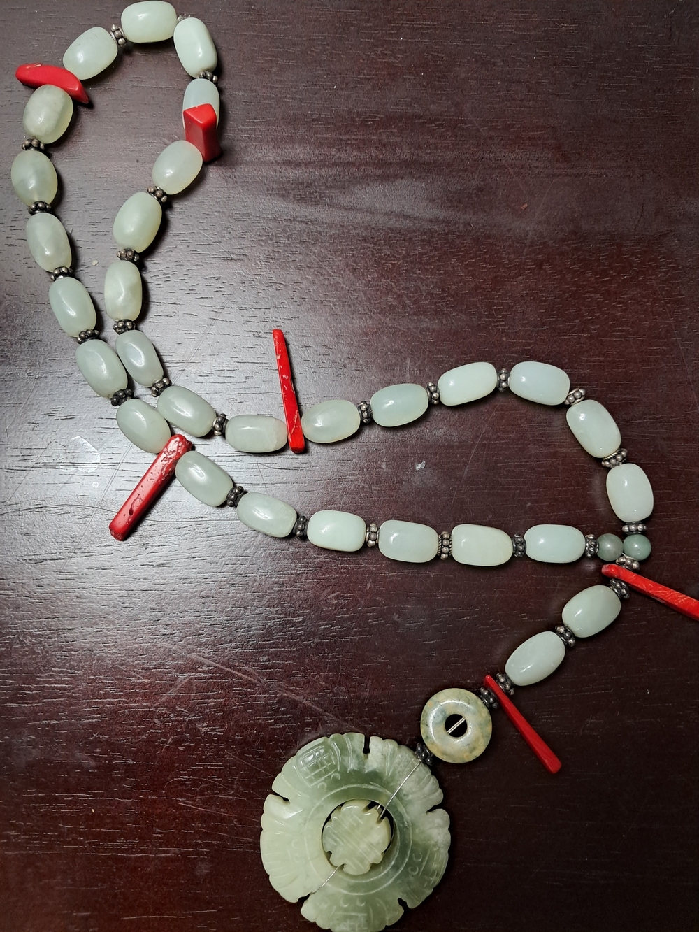 Handcrafted Jadeite and Red Coral Bead Necklace Pendant One Of A Kind NEW